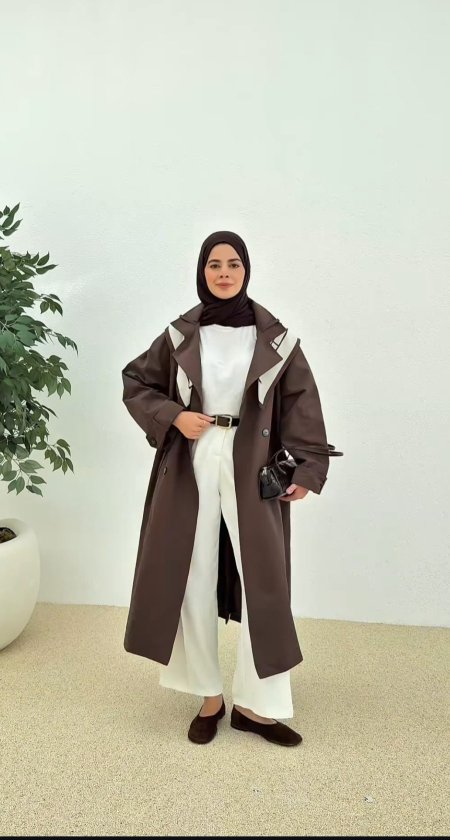 ترانش كوت بني مع شال
