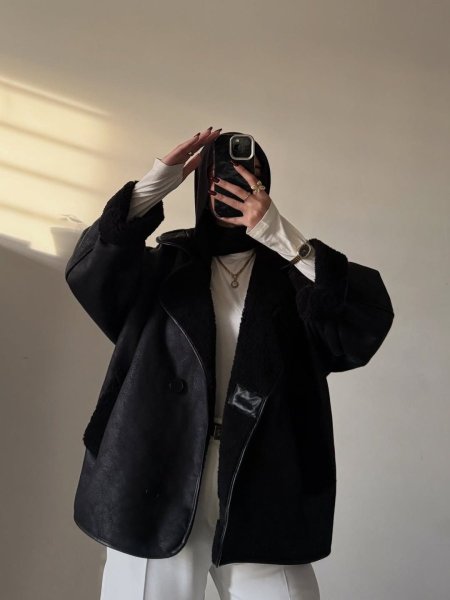 جكيت جلد مبطن فرو - اسود