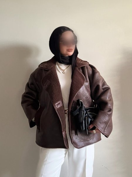 جكيت جلد مبطن فرو - بني