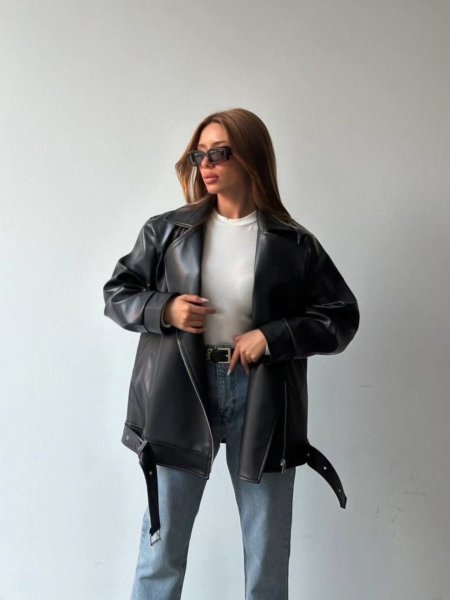 جكيت جلد تريند مبطن - اسود